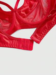 ROMWE Goth 女士哥特式钢圈文胸、丁字裤和吊袜带性感内衣套装 - 紅色 - 查看 3
