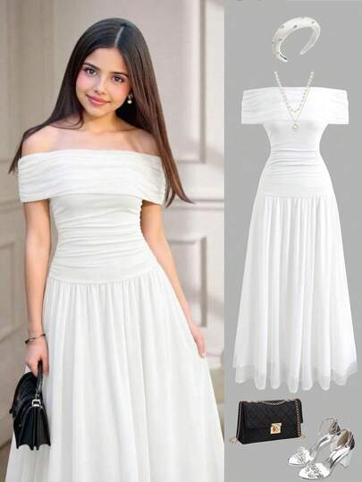 SHEIN Girlism Teen Girls' White Off-Shoulder Ruched Tight Elegant Long Dress, Spring/Summer White Off Shoulder Dress Long White Dress Teen Off Shoulder Long White Dress White Dresses For Women White Casual Full Length Dress For Young Girl