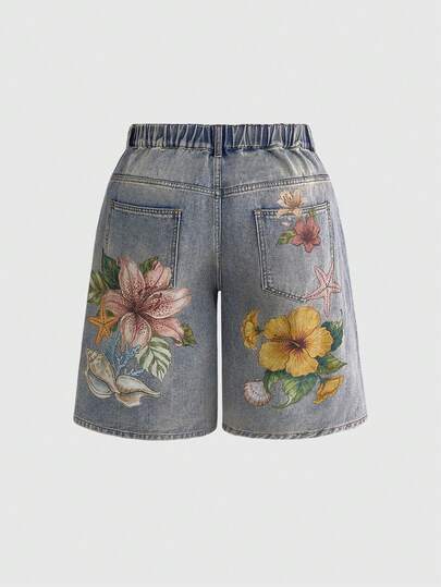 ROMWE Summer Outfits Plus Size Women Elastic Waist Floral Print Straight Leg Denim Shorts, Vacation Style