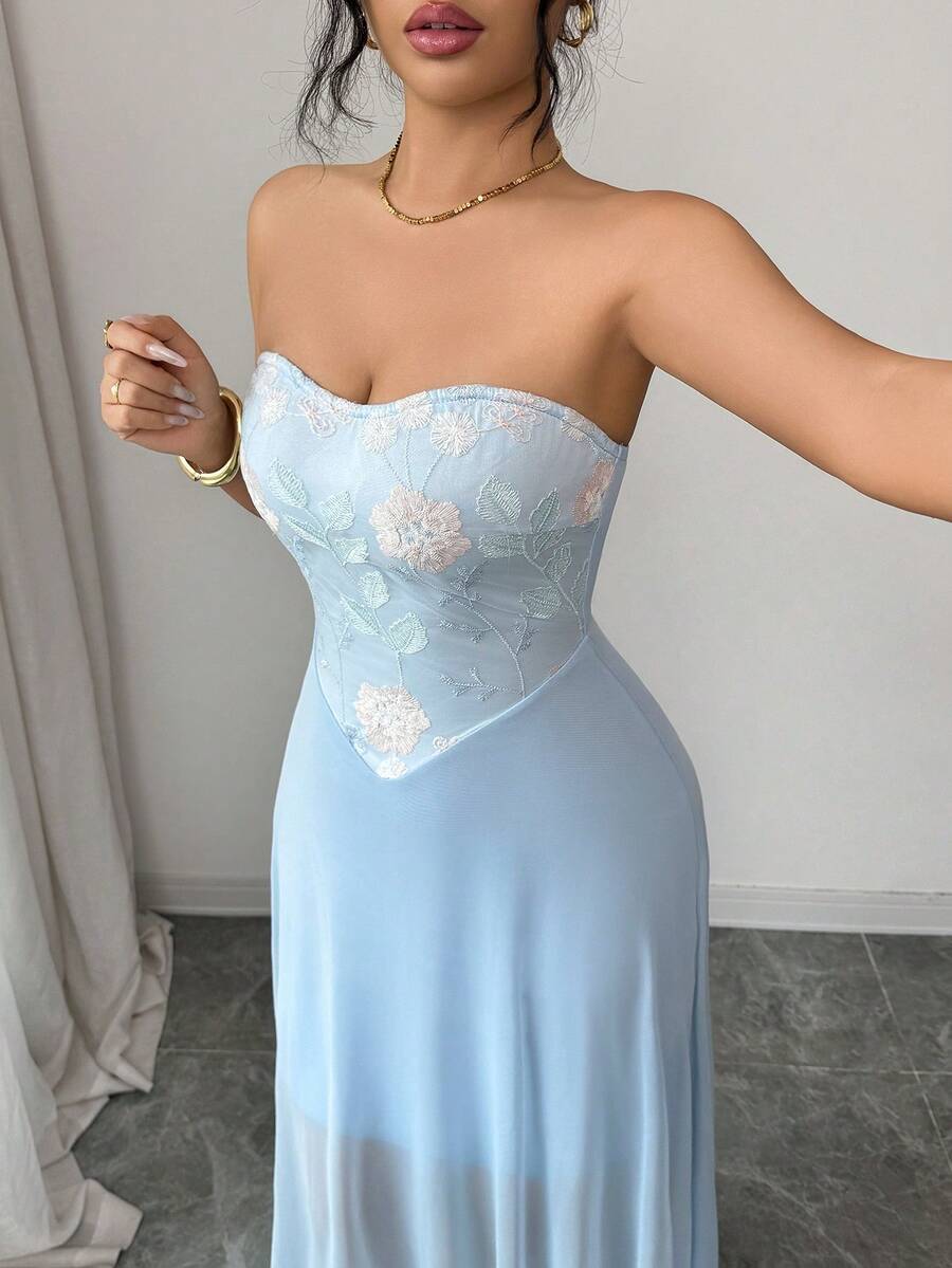 Modelyn Women's Elegant Embroidered Mesh Dress, Suitable For Party And Gathering - Blue - View 1