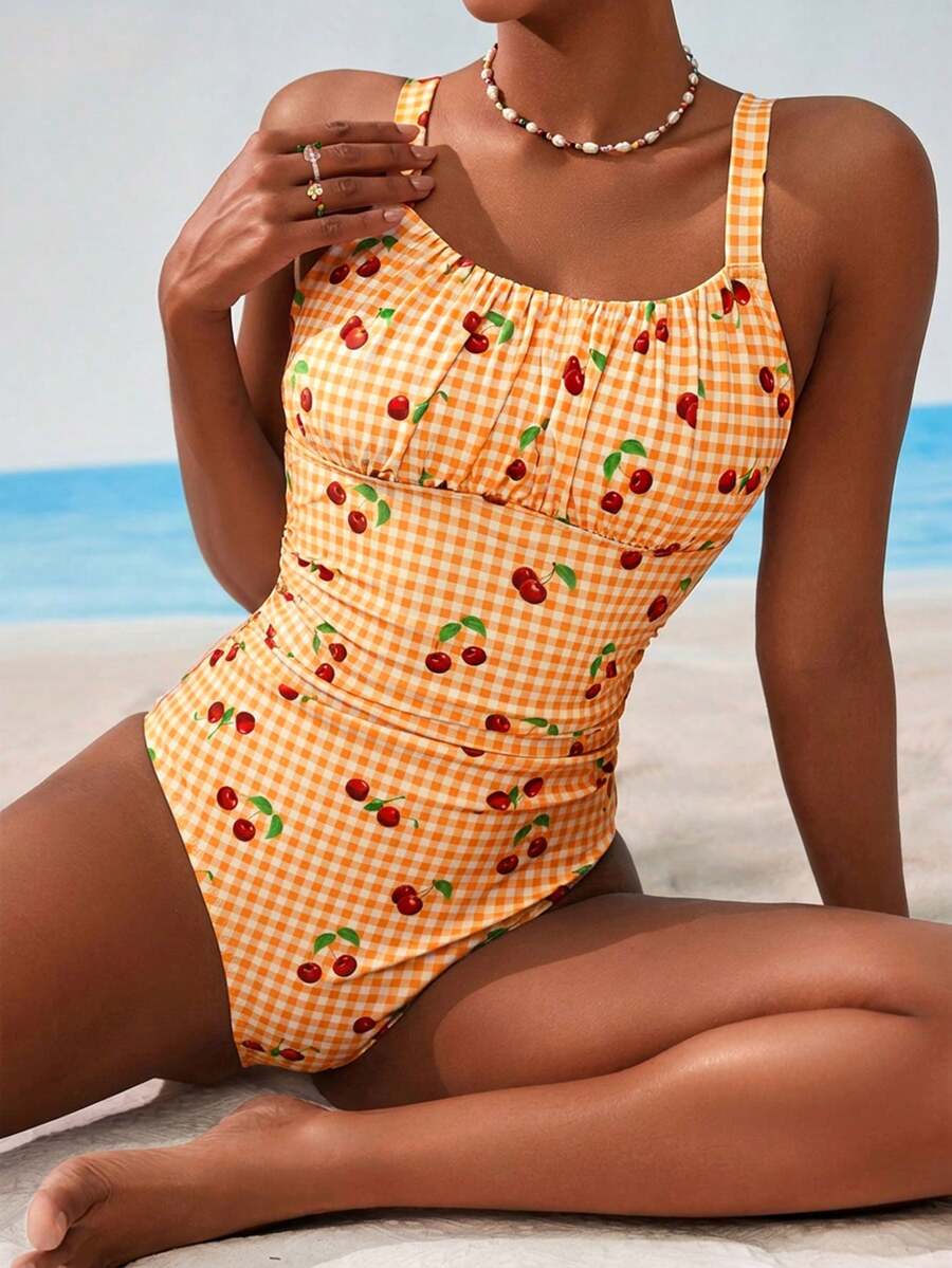 Swim Mod Women's Vacation Beach Plaid & Cherry Print One-Piece Swimsuit - Burnt Orange - View 1