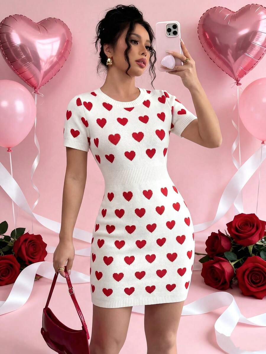 Chiquease Đầm nữ đa năng, thời trang, mang đậm không khí lãng mạn ngày Valentine mới, họa tiết trái tim jacquard. - trắng - Xem 1
