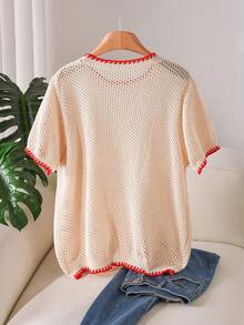 CosyJoli 大码优雅法式休闲镂空撞色春夏针织女式上衣 - 米色 - 查看 2