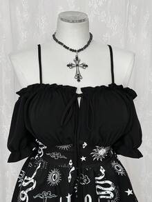 Sunspun Plus Size Women's Ruffle Trim Dark Goth Style Off Shoulder Sun Face Print Front Tie Dress - Black - View 5