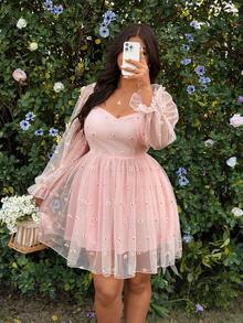Sunnyshic Romantisches A-Linien-Kleid mit Raffungen, quadratischem Ausschnitt und Tüll-Gänseblümchen-Muster in Große Größen - Pink - Übersicht 4