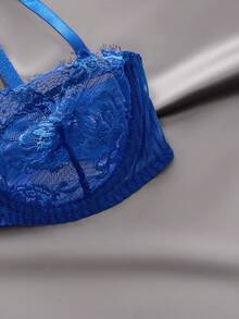 EmpressEnvy 蓝色蕾丝拼接薄纱浪漫法式优雅性感女士内衣 - 寶藍色 - 查看 4