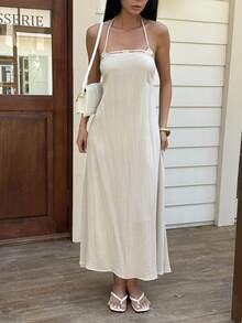 DAZY Figurbetontes Neckholder-Kleid mit offenem Rücken und Bindedetail, elegante Resortmode für Frauen, Frühlings-/Sommer-Kreuzfahrtoutfit für Frauen Maxikleid Sommerkleid - Aprikosenfarben - Übersicht 2