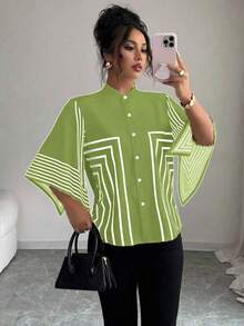 Elenzga Mandarin Collar Digital Printed Geometric Lines Pattern, Asymmetrical Sleeve French Elegant Blouse, Suitable For Spring/Summer Vacation - Green - View 3