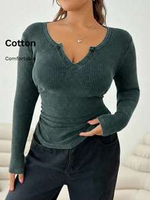 Solflare Áo thun tay dài cổ khoét nhún màu trơn cỡ lớn - Màu Xám nhạt - Xem 7