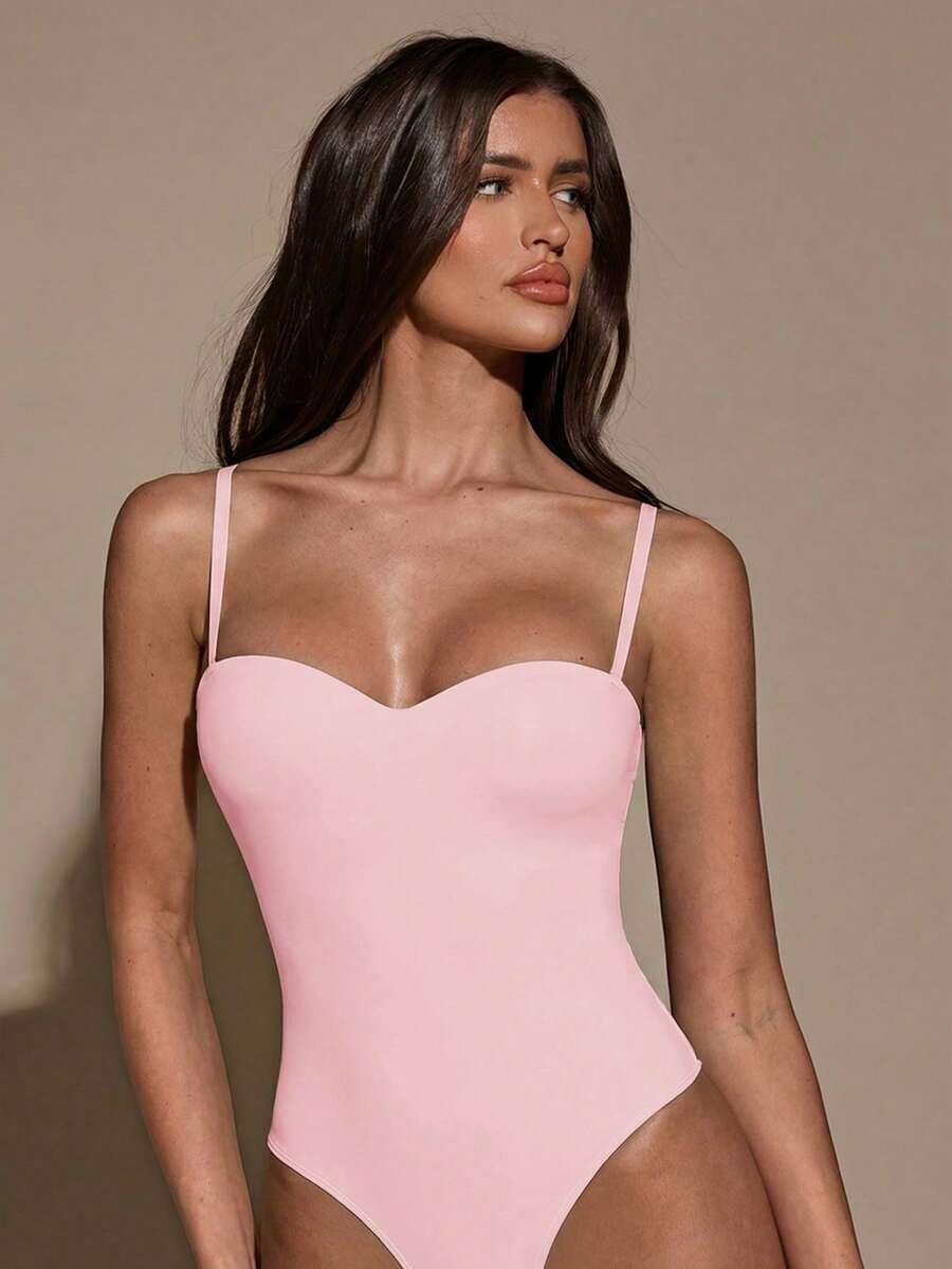 SHEIN BAE 女士纯色修身休闲连体衣 - 珊瑚粉 - 查看 1