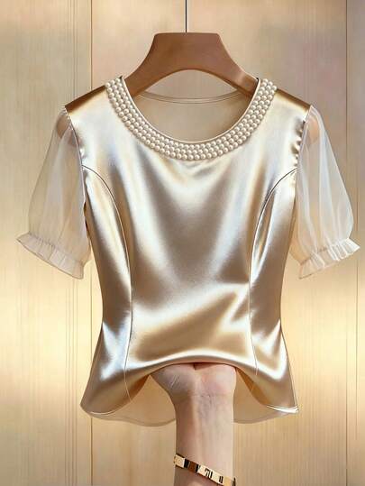 GlowEve Women's Apricot Round Neck High-End Design Bubble Faux Pearl Decor Waist Cinching Mesh Splice Short Sleeve Blouse Shirt, Elegant & Sophisticated For Valentine's Day, Easter, Carnival, Labor Day, Birthday Gift, Date, Party, Formal Occasion, Teacher's, High-Vibe, Travel, Spring/Summer