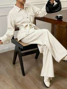 DAZY Autumn/Winter New Loose Casual Distressed Wash Waist Cinched Women Denim Suit - Brown - View 2