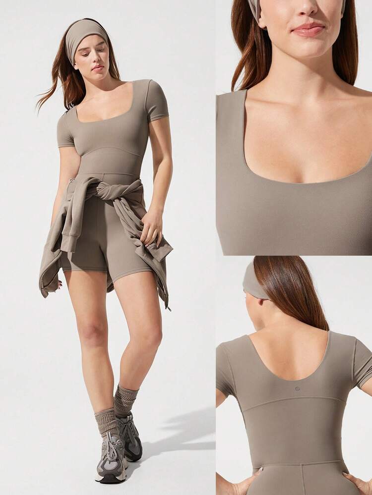 6" FeatherFit™ Tummy Control Square Neck U Back Jumpsuit Light Support Low Impact Yoga Pilates Studio Summer