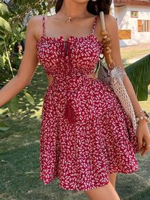 SHEIN VCAY Women's Ditsy Floral Tie Front Camisole Mini Dress,Elegant,For Summer Vacation, Women Summer Clothing - Red - View 4