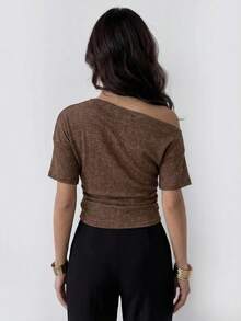 Firerie Women's New Solid Color Textured Asymmetric Shoulder Fitted Short Sleeve T-Shirt Top, Casual Sexy Top, All-Match Everyday Versatile T-Shirt, Short Sleeve T-Shirt Top, Spring Autumn Winter , Elegant, Commute, Casual, Daily, Minimalist, Work Attire, Spring Women Coffee Brown Top - Coffee Brown - View 8