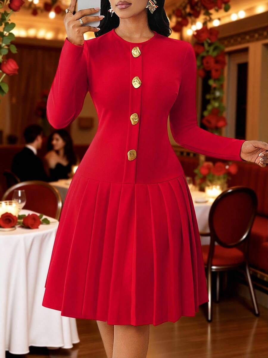 SHEIN Lady 女士优雅纯色褶皱迷你连衣裙，欧美风格 - 紅色 - 查看 1