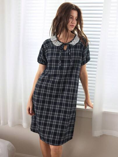 Ocili Women's Cotton Plaid Embroidered Lace Trim Elegant & Comfortable Nightgown