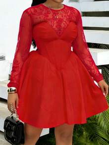 Slaydiva 秋季新款蕾丝拼接修身A字公主风晚礼服，适合情人节约会、生日派对、宴会、返校、日常休闲穿着、邮轮旅行、潮流时尚、优雅大方、通勤、商务休闲等场合 - 红色，大码 - 紅色 - 查看 12