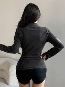 DAZY 女士立领修身长袖开衫，开衩设计，优雅性感休闲牛仔上衣 - 黑色 - 查看 3