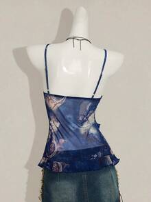 SHEIN ICON Women's Vacation Cashew Floral Print Ruffled Strap Camisole 4th Of July Women Outfits Cute Summer Tops Going Out Tops - Blue - View 2