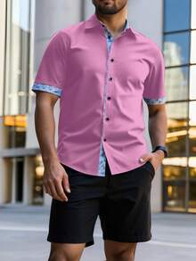 Manfinity Homme 加大码男士撞色滚边纽扣前开襟休闲短袖衬衫 男士短袖正装衬衫 男士纽扣衬衫 夏季男士短袖正装衬衫 男士纽扣衬衫 夏季 - 粉色 - 查看 3