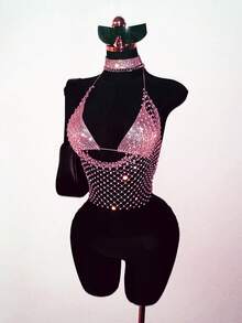 EgrlEra Women's Fashionable Sexy Rhinestone Halter Crop Top Rhinestone Club Outfit Rhinestone Top Sexy Concert Outfit - Baby Pink - View 7