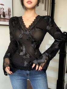 DAZY Women's Elegant Floral Lace Patchwork V-Neck Blouse, Spring/Summer,Wedding Guest Dress Women Long Sleeve Tops Women - Black - View 9