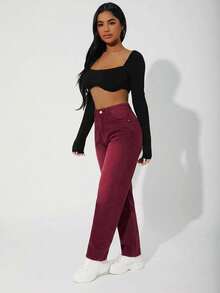 SHEIN PETITE Quần jeans nữ ống đứng, túi xéo, kiểu dáng thường ngày, chất liệu denim mài, thích hợp mặc hàng ngày. - Màu Đỏ Sâu - Xem 4
