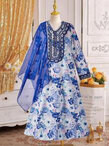 SHEIN 少女长袖碎花连衣裙，适合通勤、外出和日常穿着 - 藍白色 - 查看 3