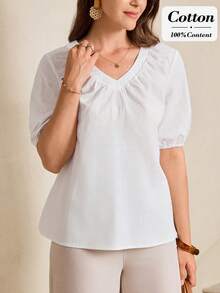 Miaspire Women's Casual All White Summer Basics Shirt, V-Neck Puff Sleeve Brunch Top,Textured Floral Pattern Ruffled Neckline Work Blouse - White - View 6