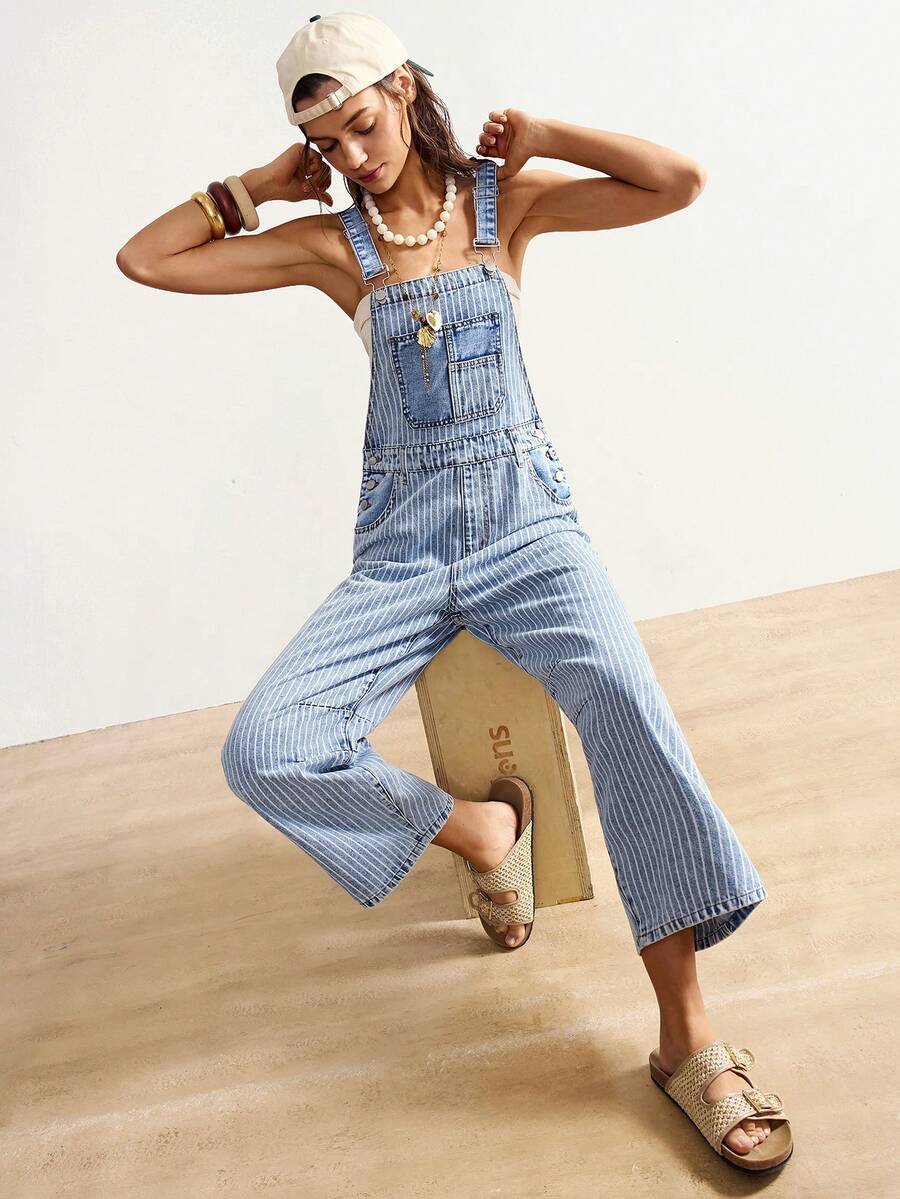 Bohemela Women's Casual Everyday Striped Pocket Denim Overalls, Light Blue Overalls For Summer. Beach Outfit Beach Outfit For Women Vacation Outfits Women  Y2k Clothes Spring Outfit Women  Beach Pants  Vacation - Light Wash - View 1