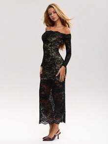 Sweetina Women's Black Floral Lace Off Shoulder Long Dress Seductive Autumn Party Night Out Concert Formal Wedding Guest Bridesmaid See Through Dress - Black - View 4