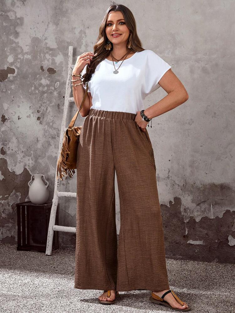 Plus Size Women Elastic Waist Pleated Casual Loose Wide Leg Pants, Versatile For Daily Wear Summer For Women Carnival Costume For Women Beach Holidays