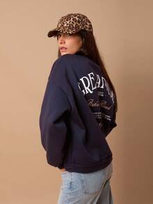 SURIMA Avslappnad minimalistisk tryckt mönster rund halsringning lös passform damtröja, höst/vinter - Marinblå - Visa 3