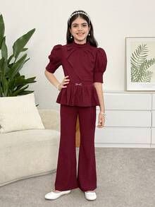 Firerie Kids 2pcs Tween Girls Casual Elegant Commute Textured Wine Red Puff Sleeve Waist Button A-Line Top And Flare Pants Set - Burgundy - View 2