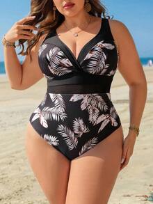 Swim Lushoire Plus Size Women's V-Neck Leaf Print Mesh Patchwork One-Piece Swimsuit, Suitable For Beach, Spring/Summer - Multicolor - View 3
