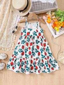 SHEIN Vintaside Kids Young Girls Summer Casual Fashion New Dress, Woven Fabric Strawberry Digital Print Pattern, Sleeveless Strap With 3D Bow Decor, Patchwork Hem Dress, Suitable For Young GirlCute & Charming, Casual & Fashionable, Suitable For Daily, School, Outing, Holiday, Beach, Vacation, Summer Outfit Girls Sleeveless Dress Kids Strawberry Dress Girls Aline Dress Girls Sundress Girls Midi Dress Girls Summer Dress Kids Strawberry Print Dress Girls Casual A-Line Dress Girls Sleeveless Midi Dress Kids Casual Dress - Multicolor - View 2
