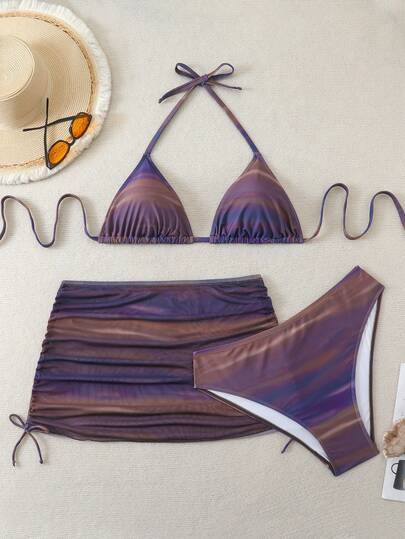 Swim SXY Conjunto de bikini para mujer talla grande, top triangular con cuello de halter y tirantes anudados, falda de malla, lados con cordón, conjunto sexy de 3 piezas para vacaciones