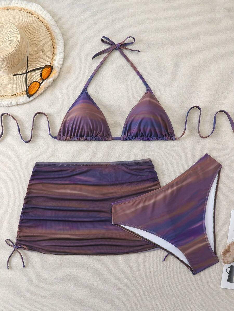 SHEIN Swim Curve Plus Size Women's Bikini Set Set, Halter Neck Tie Strap Triangle Top, Mesh Skirt, Drawstring Sides, 3-Piece Sexy Vacation Set - Bronze - View 1