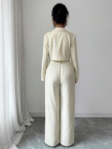 SHEIN PETITE Elegant Casual Fashion Office Commute Back To School Beach Vacation Two Pieces Set: Square Neck Short Jacket, Loose Straight Leg Pants, Solid Woven, Autumn/Winter - Apricot - View 2