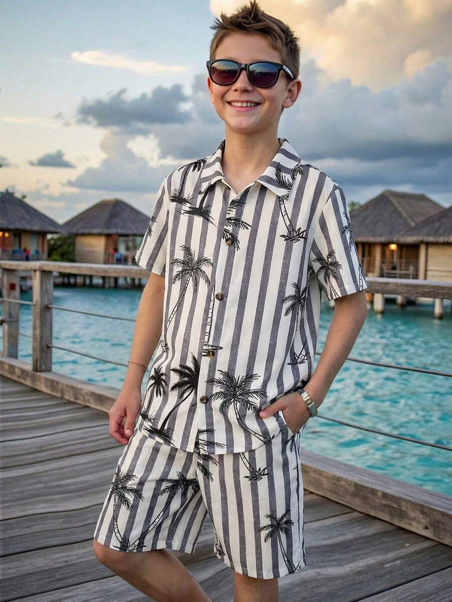 SHEIN 两件套男童休闲印花衬衫短裤套装,适合上学、通勤、日常休闲、运动、春夏穿着。 - 灰色 - 查看 1