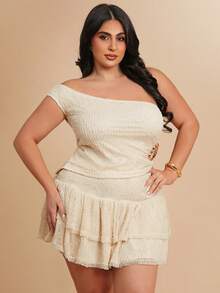 SHEIN BAE Plus Size Fitted One-Shoulder Top & Short Pleated Skirt 2 Pieces Set,Summer,Beige,Boho,Vacation,Sleeveless Crop Top With Waist Buckle,Minimalist Style - Apricot - View 8