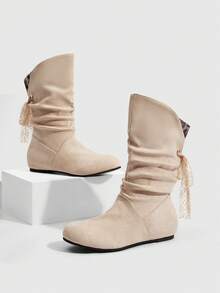 Daringsoles Women's Pleated Casual Versatile Mid-Calf Boots - Beige - View 1