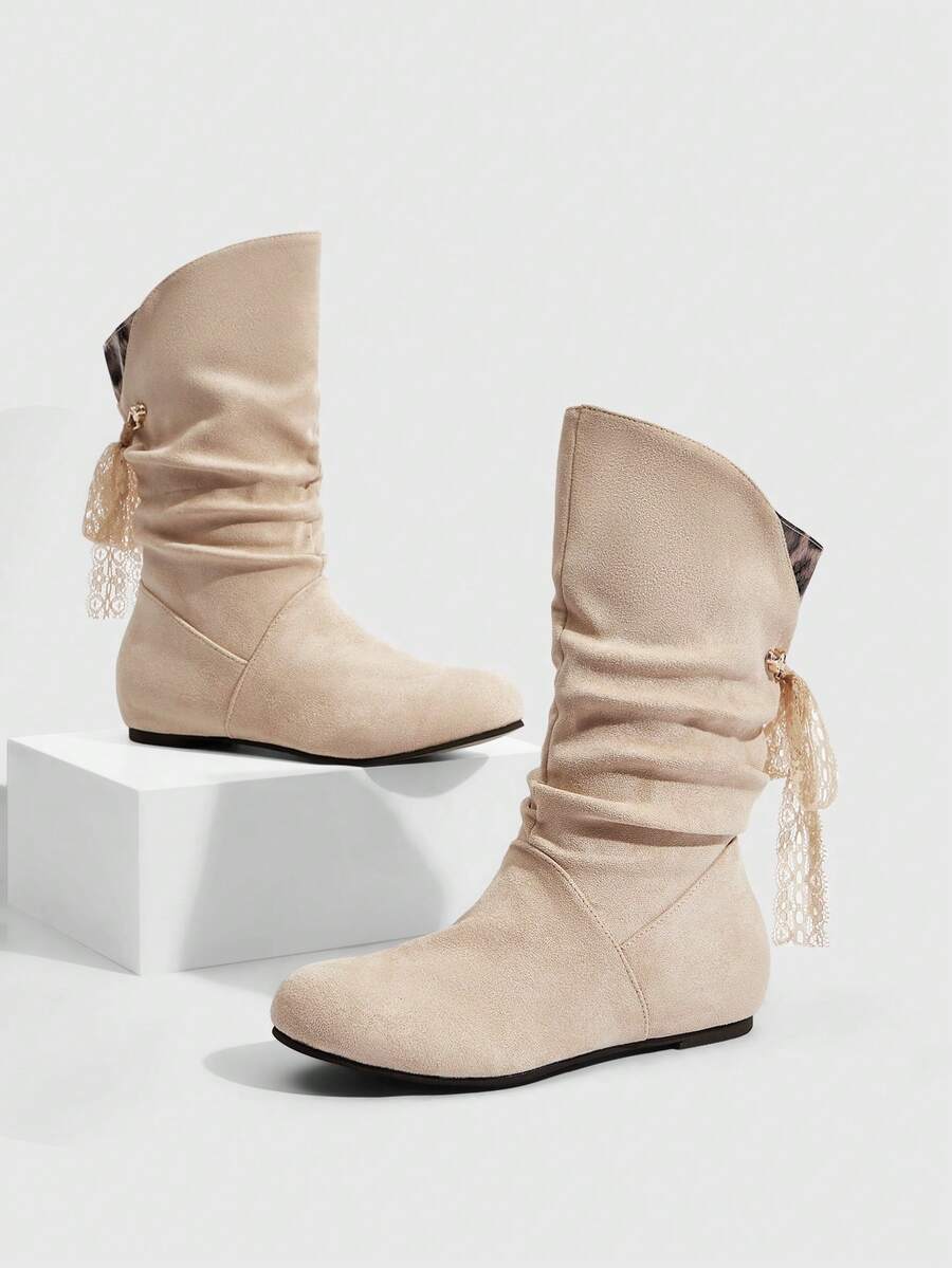 Daringsoles Women's Pleated Casual Versatile Mid-Calf Boots - Beige - View 1