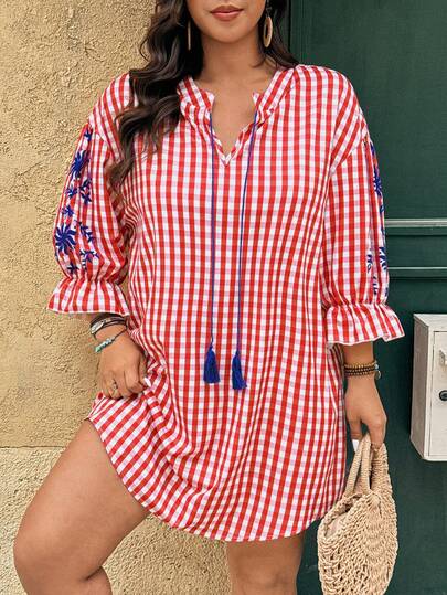 Breezaya Plus Size Women Floral Plaid Casual Vacation French Romantic Countryside Dress Gingham Dress Shirt Dresses Spring Dress Women Going Out Outfit Beach Outfit Summer Outfit For Women