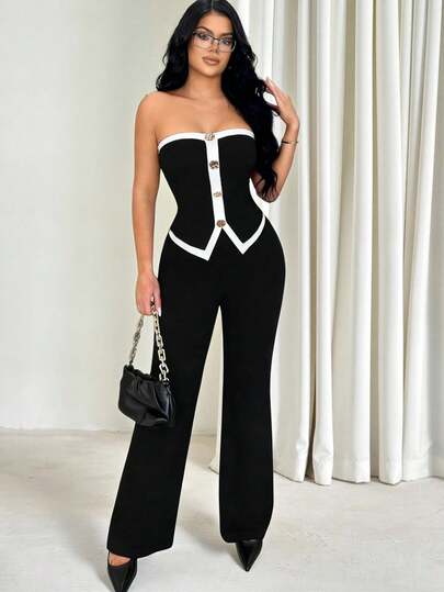 Vavine 2 piezas Conjunto de top bandeau y pantalones en contraste de color negro y blanco para mujer