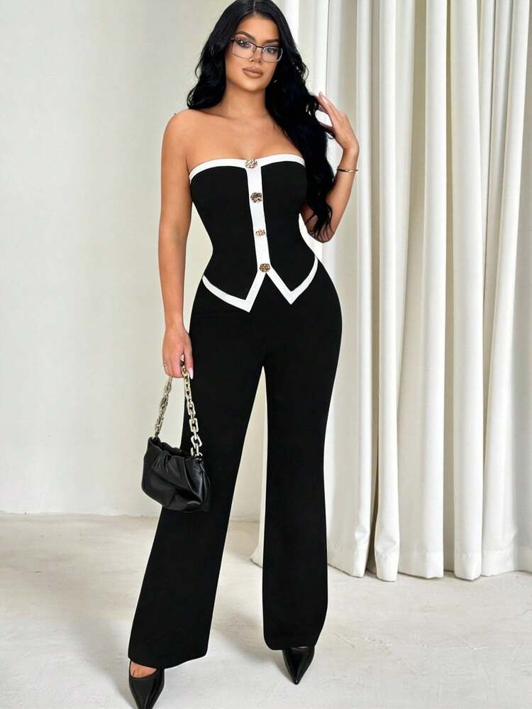 Vavine 2 pièces Ensemble Top bandeau et pantalon en contraste noir et blanc pour femmes - Noir et Blanc - Voir 1