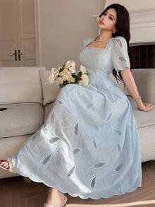 DAZY 女士优雅印花方领泡泡袖中长连衣裙，夏季 - 藍色 - 查看 3