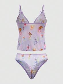 The Winx X SHEIN 女士印花前系蝴蝶结装饰吊带背心和丁字裤套装 - 淡紫色 - 查看 7