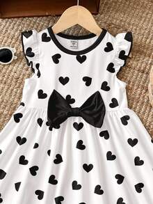 Sweet Bow Cartoon Print Long Sleeve Dress, Cute Polka Dot Heart Pattern, Suitable For Autumn/Winter - Multicolor - View 5